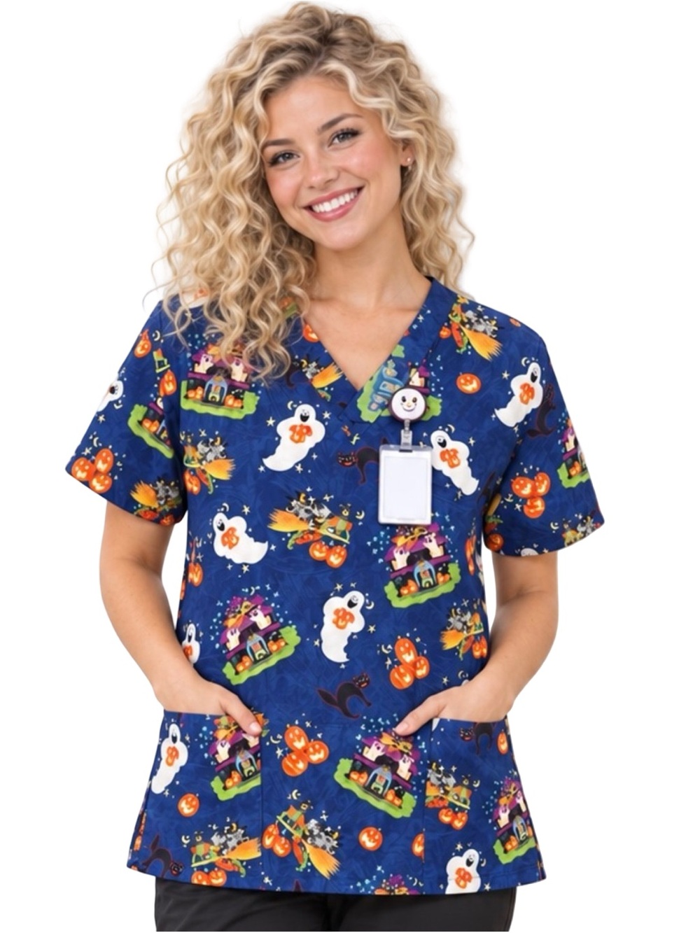 Vintage 90’s Halloween Scrub Top Small Haunted House Ghost Pumpkin Witch V-Neck